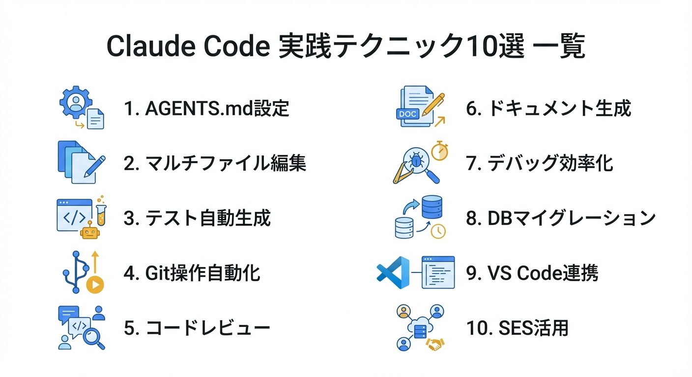 Claude Code実践テクニック10選の一覧インフォグラフィック