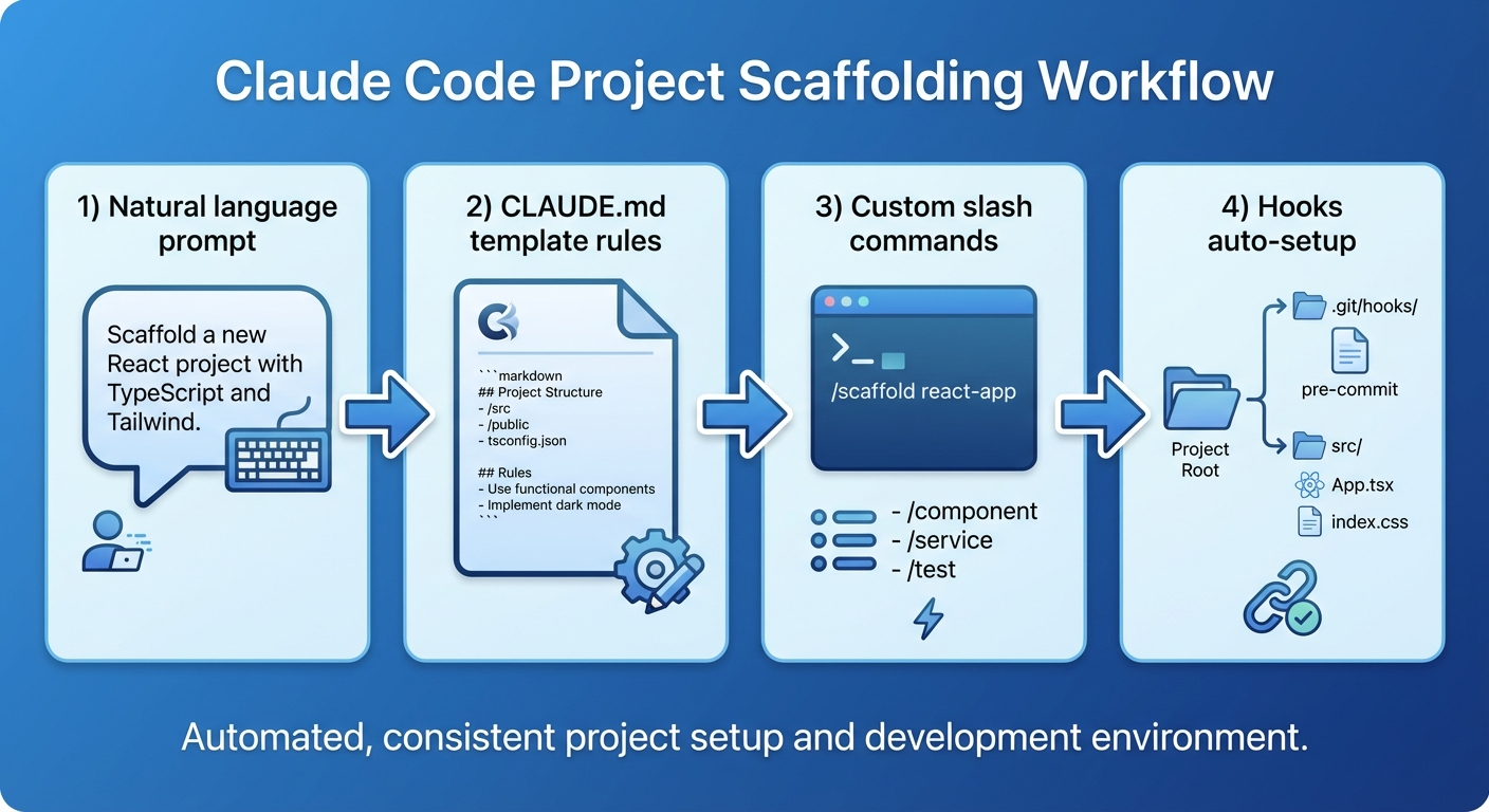 Claude Codeプロジェクト雛形生成ワークフローのインフォグラフィック
