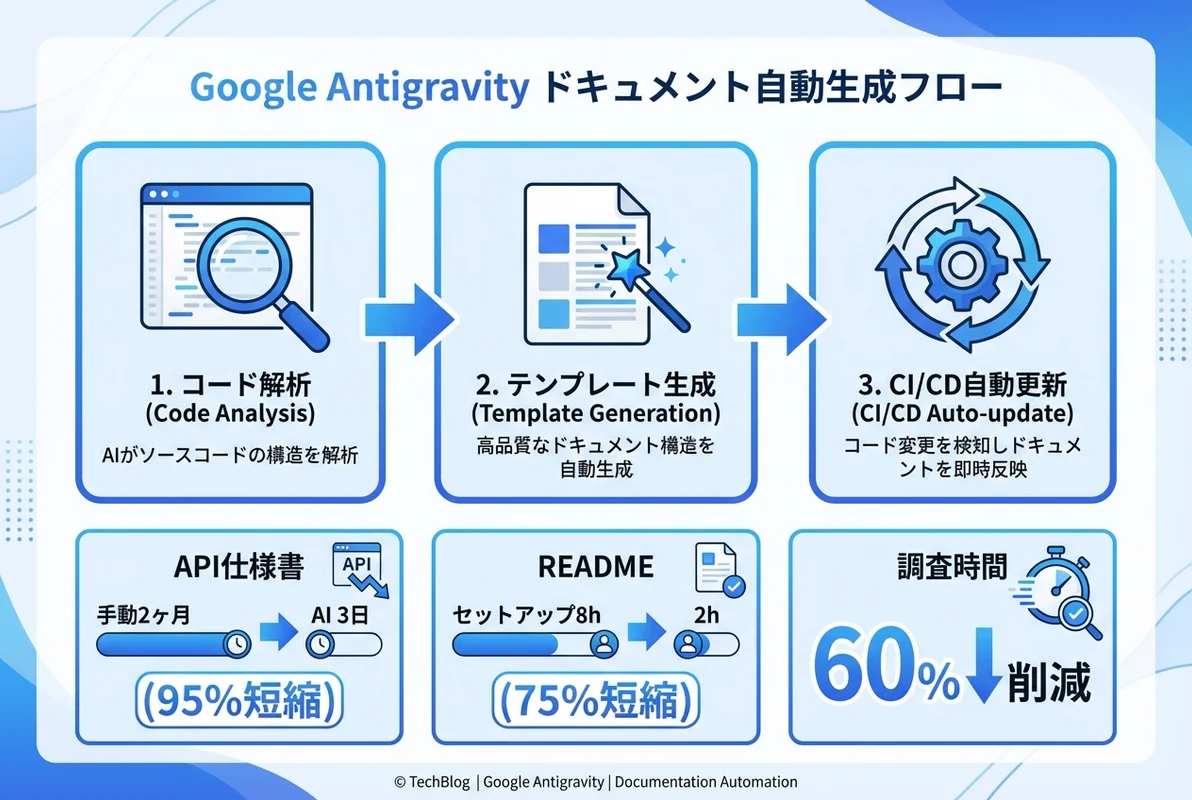 Google Antigravityドキュメント自動生成の全体像インフォグラフィック