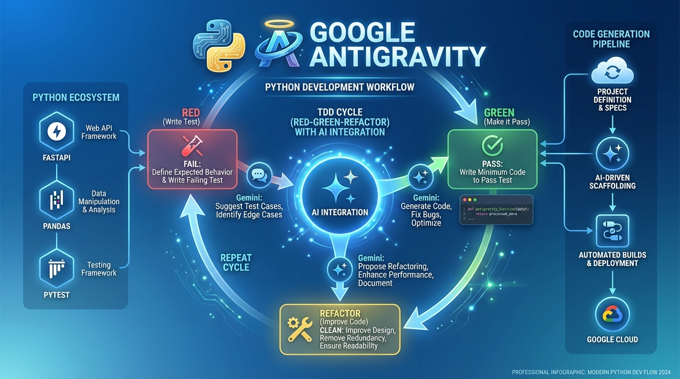 AntigravityでのPython開発ワークフロー図解