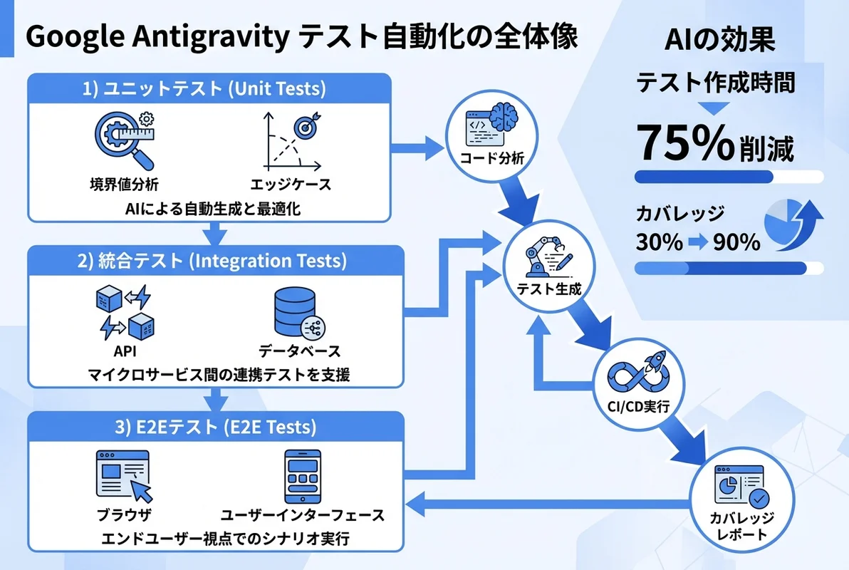 Google Antigravityテスト自動化の全体像と活用シーンのインフォグラフィック