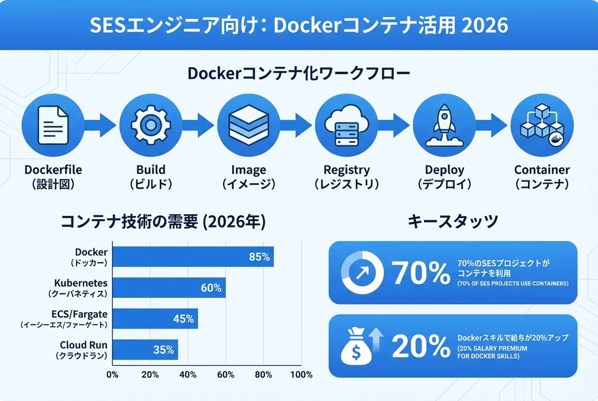 Docker開発スキルとSES案件の関係を示すインフォグラフィック