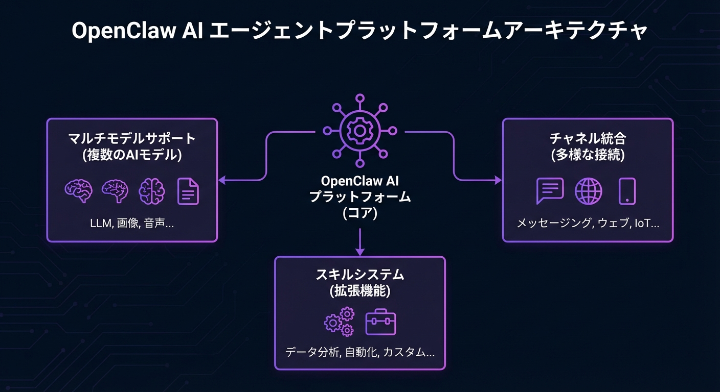 OpenClawのアーキテクチャと主要機能のインフォグラフィック