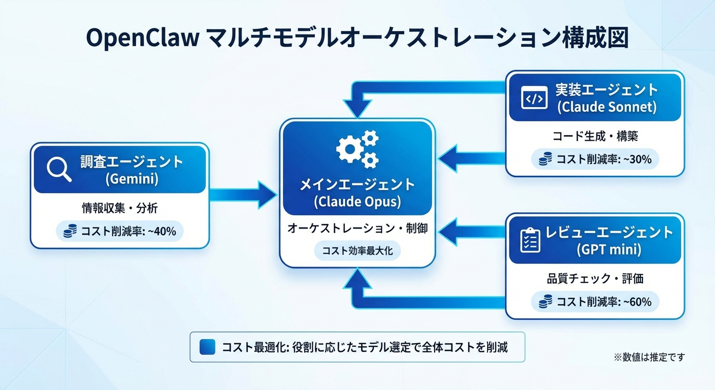 OpenClawマルチモデルオーケストレーション構成図