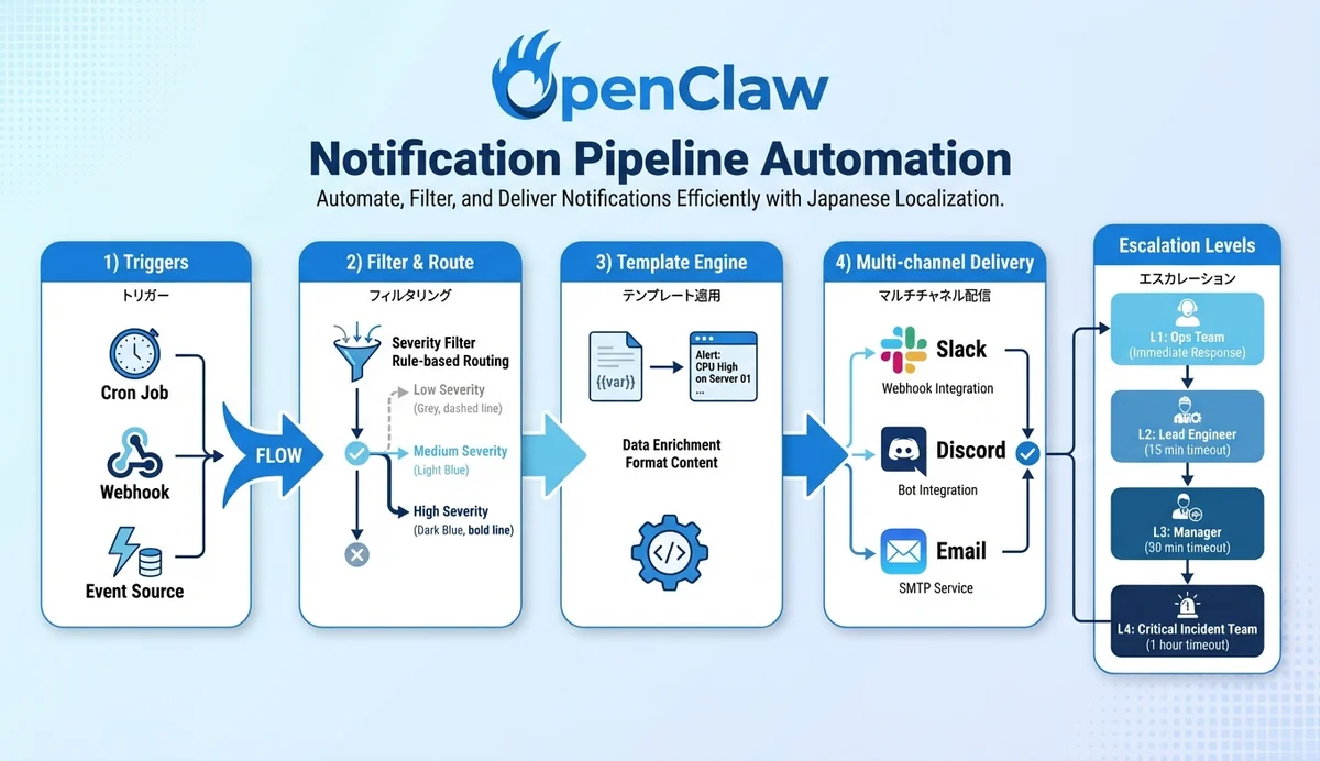 OpenClawによる通知パイプライン自動化の全体フロー