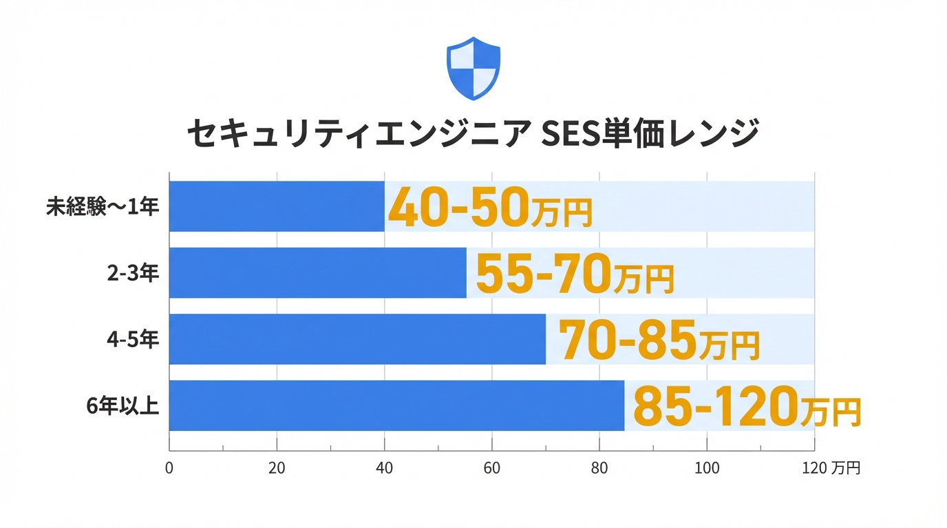 セキュリティエンジニアのSES単価レンジを経験年数別に示したインフォグラフィック