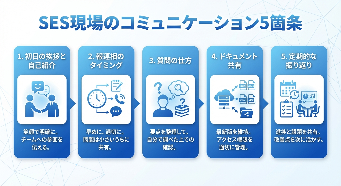 SES現場のコミュニケーション5箇条:挨拶・報連相・質問・ドキュメント・振り返り