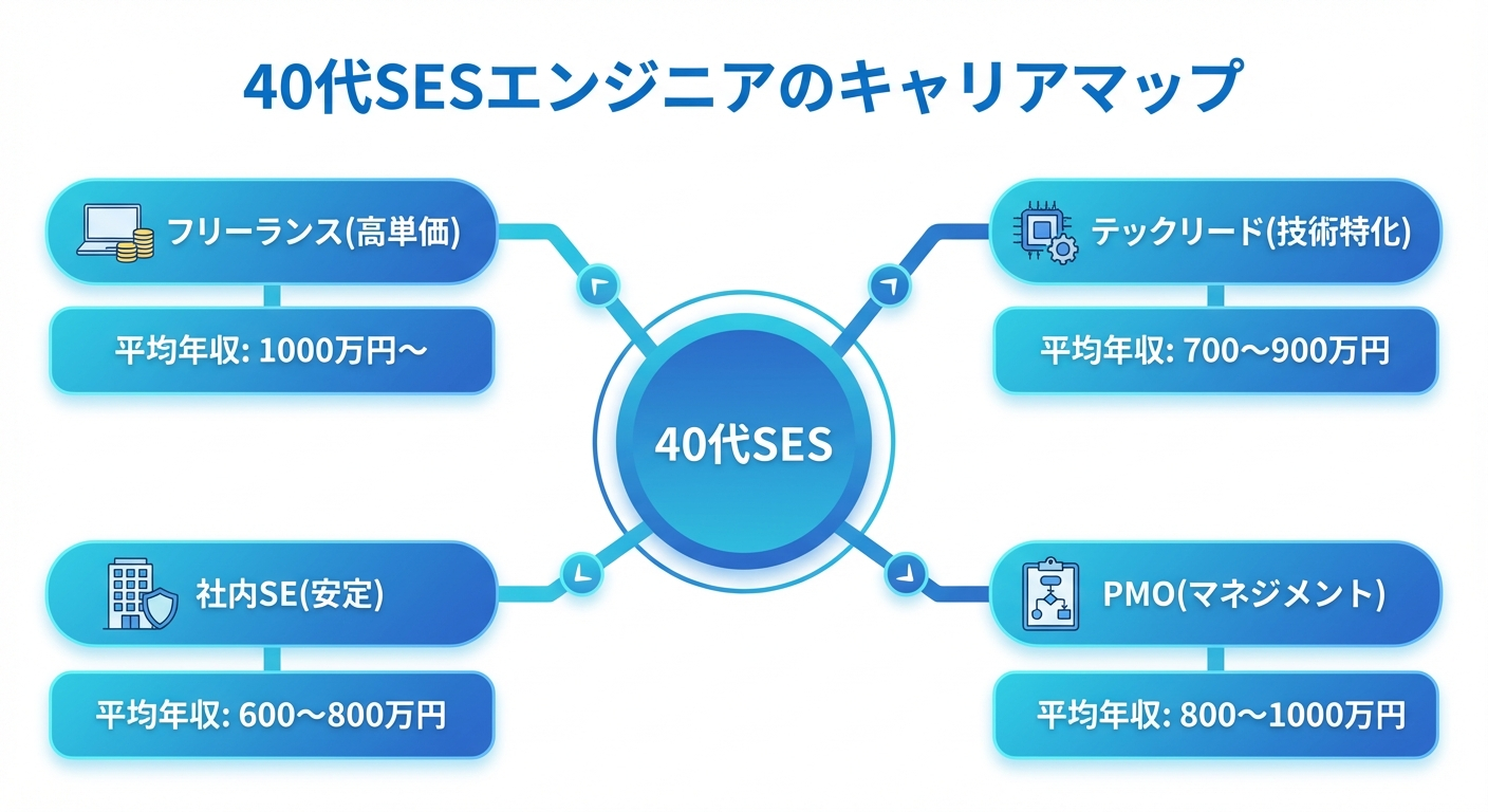 40代SESエンジニアのキャリアマップ：テックリード・PMO・社内SE・フリーランスの4つの選択肢